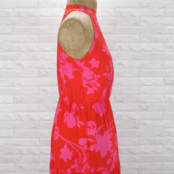 Dress Maxi Halter Floral Tiered Tropical Summer Sleeveless Orange Pink Small - Picture 4 of 15